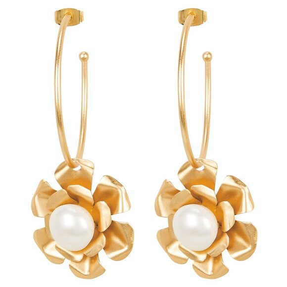 Mercedes Salazar Flower and Pearl Gold Hoop Earrings - Picture 2 of 5